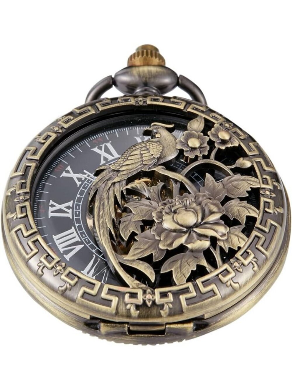 Men's Gold Bronze Bird Skeleton Roman Numerals Hollow Mechanical Pocket Watch